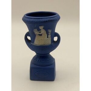 Wedgwood Blue Jasperware Miniature Trophy Urn Vase Classical Relief 2.5"